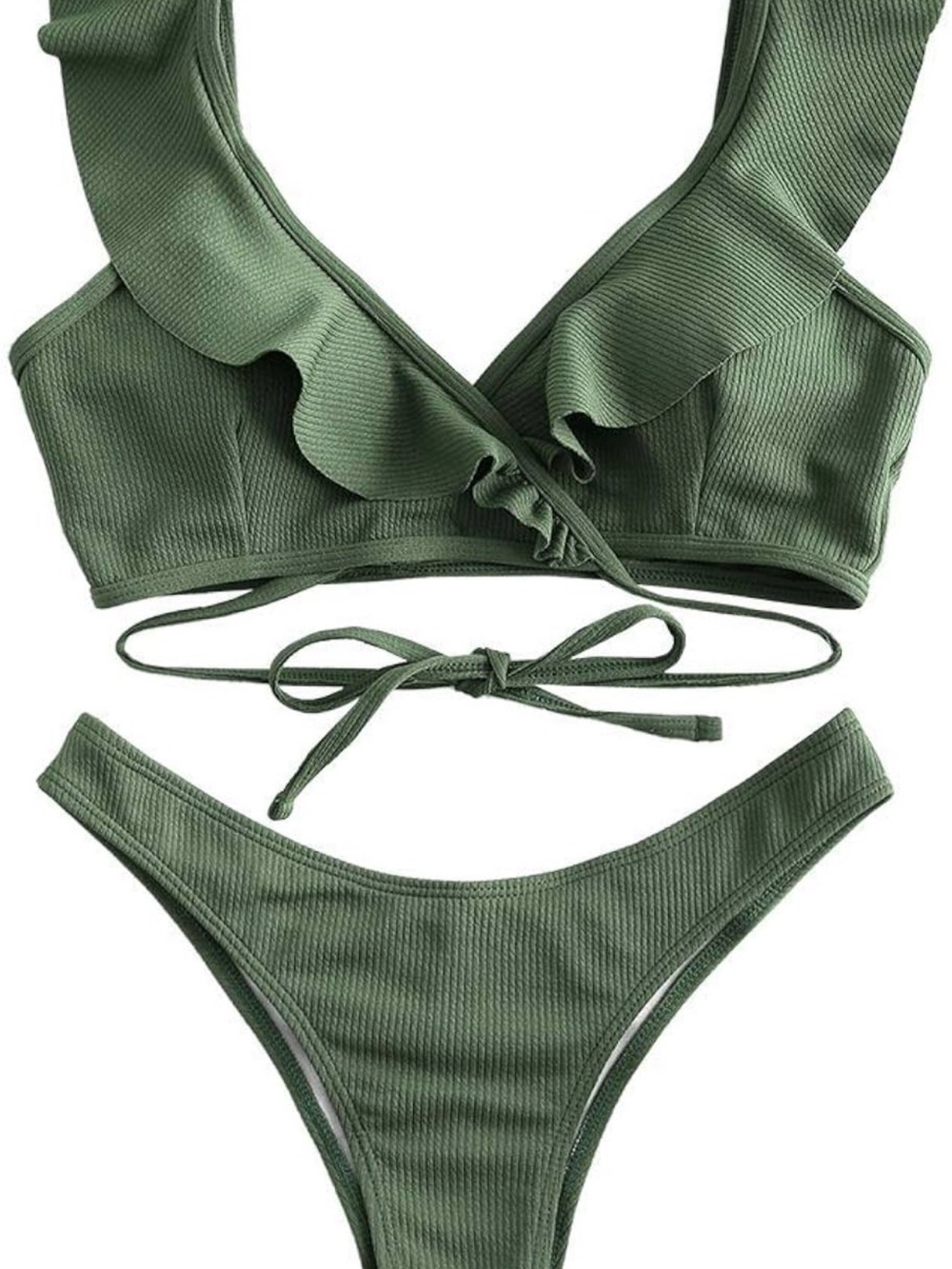 Zaful Olive Green Ruffle V‑Neck Ribbed Bikini